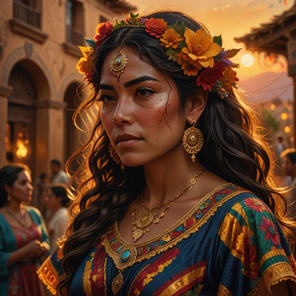 Mexican Latina Woman in Vibrant Oil Painting Style