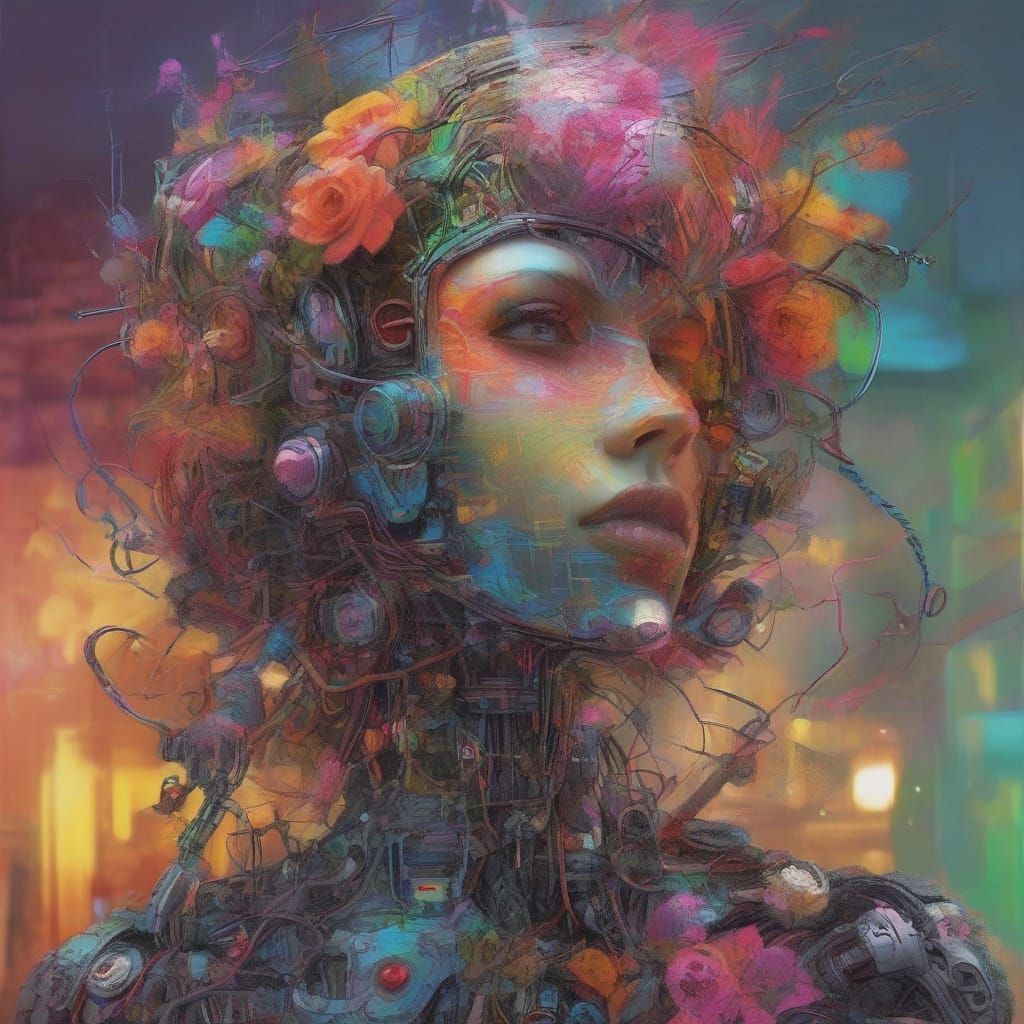 Surreal Futuristic Portrait of a Woman in Vibrant Floral and...
