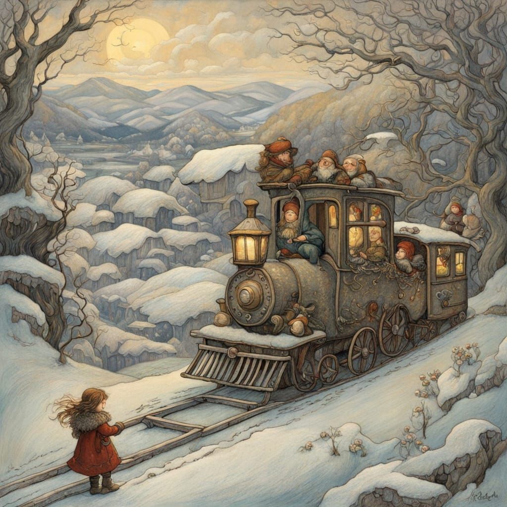 Whimsical Winter Landscape with Felted Dwarf Train