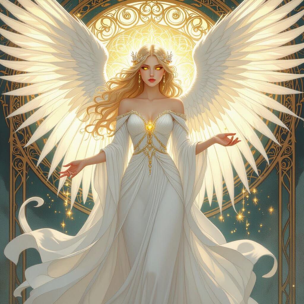 Ethereal Woman with Golden Wings in Art Nouveau Style