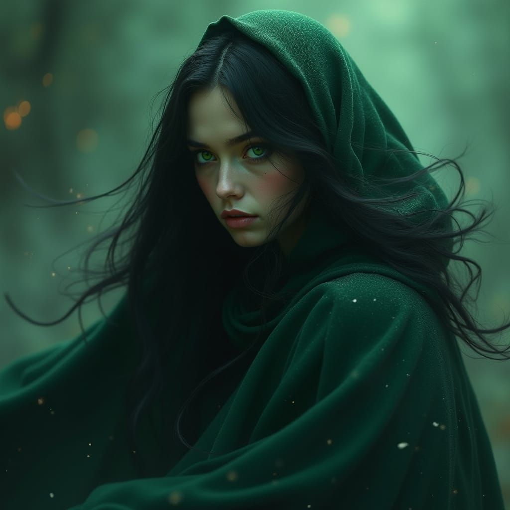 Lilith in Midnight Cloak with Emerald Eyes