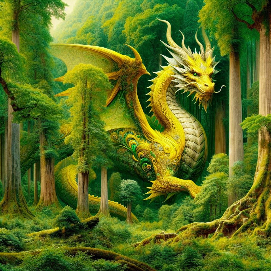 Yellow, dragon, Salvador dali, photography, forest. Crafted meticulously with a flair for hyper-realistic fantasy, the i...