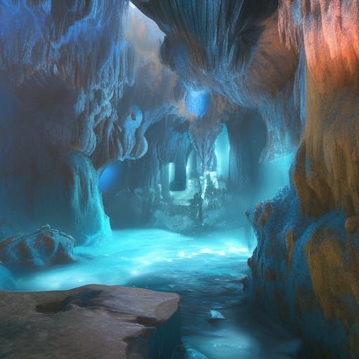 Magical Blue Flower Cave: 3D Rendered Fantasy Art