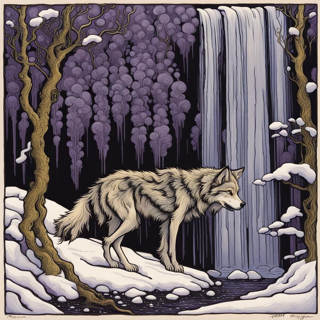 Winter Wolf Illustration in Linocut Print Style