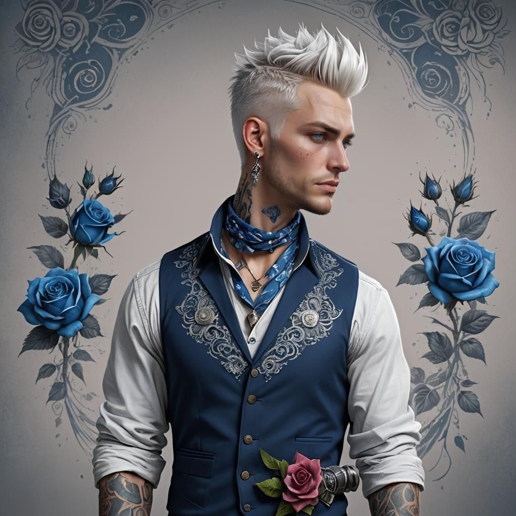 Handsome Man with Blue Rose Tattoo, Fantasy Concept Art