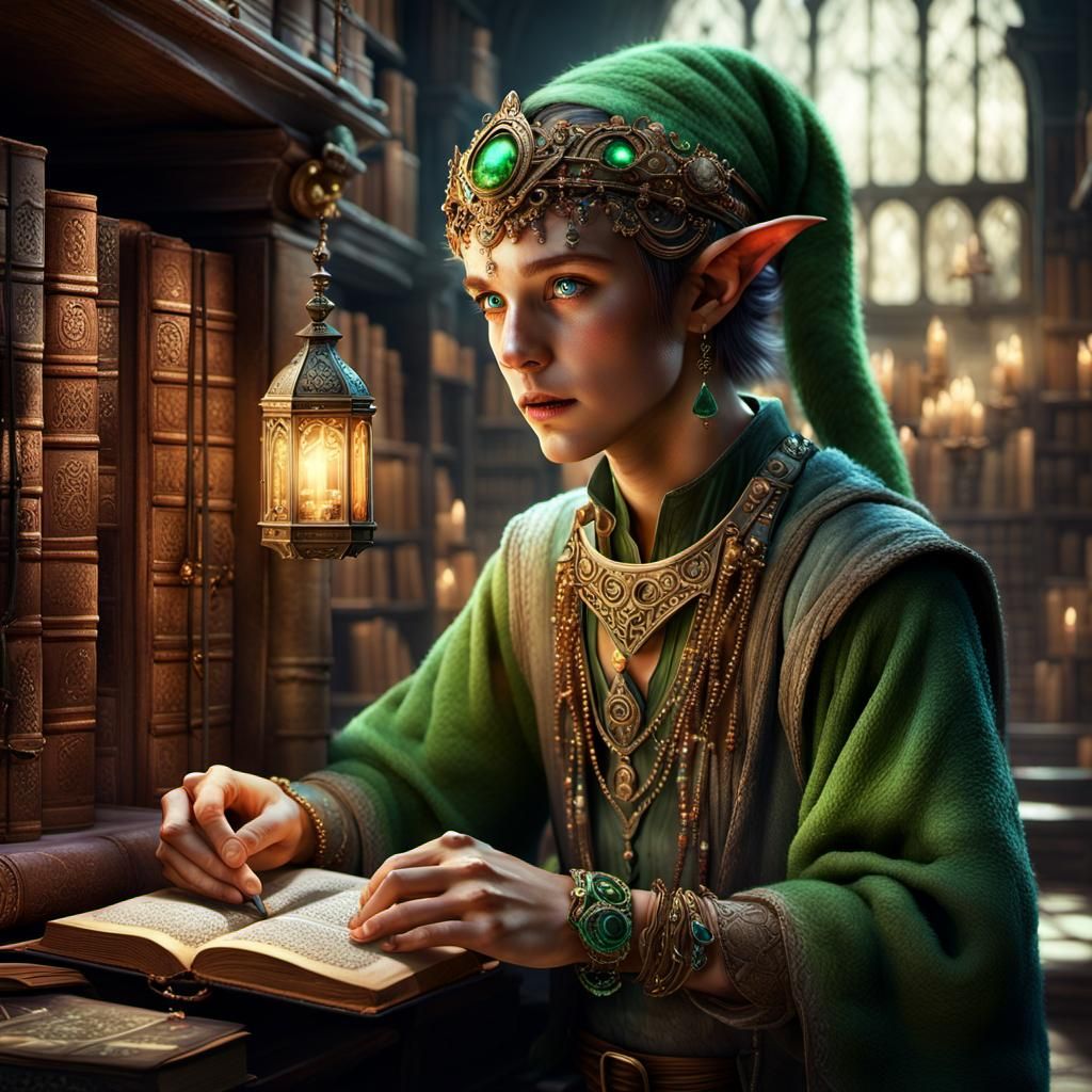 Elf Exploring Ancient Library in Detailed Fantasy Art