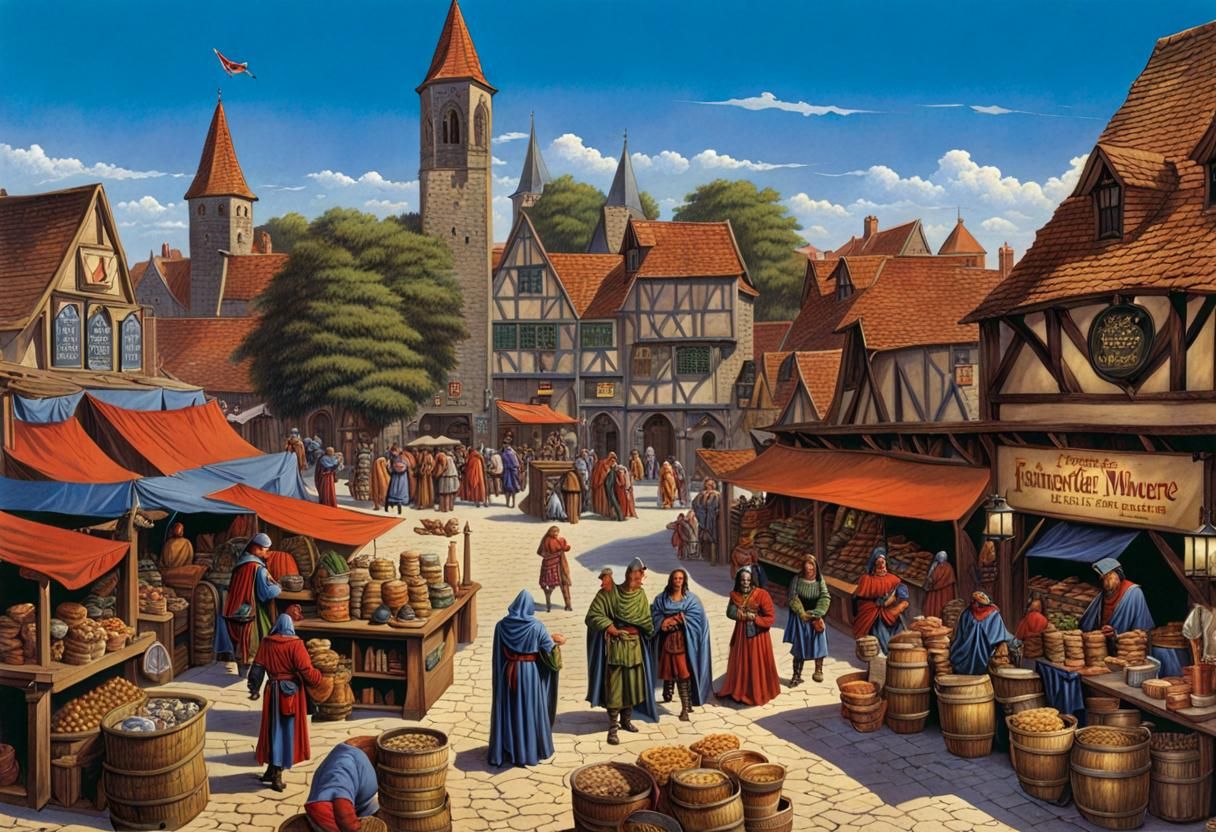 Lively Medieval Market Square in Fantasy Art Style