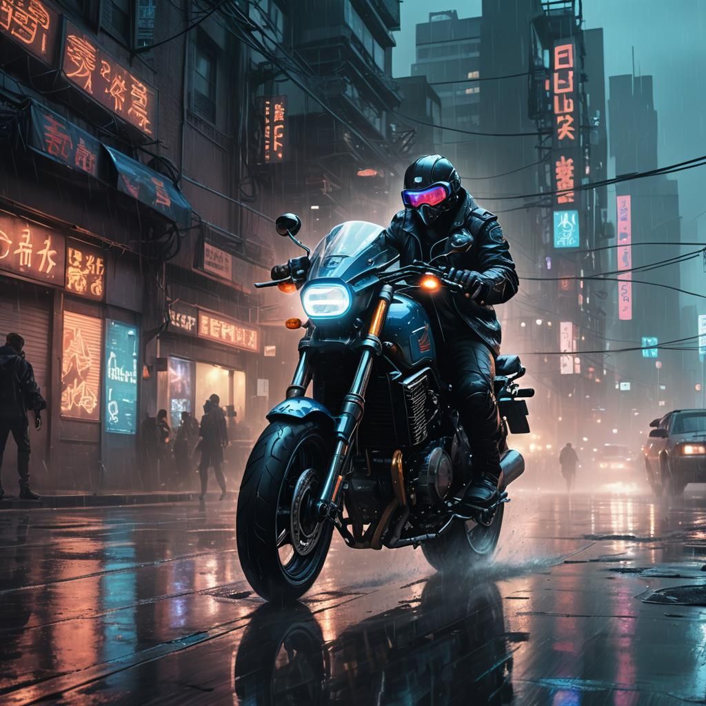 Cyberpunk Wizard Rides Motorcycle Through Neon City