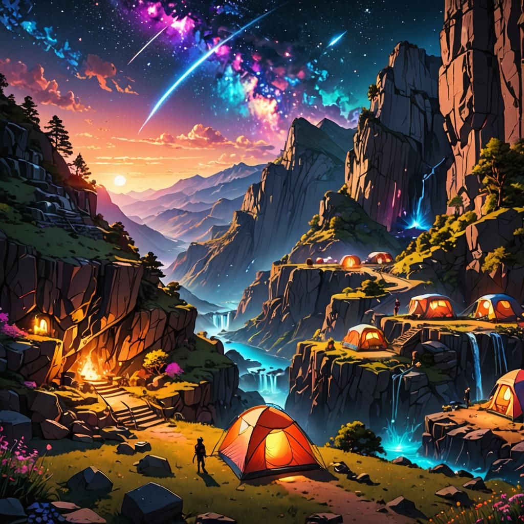 Cosmic Campground Scene in Anime Style