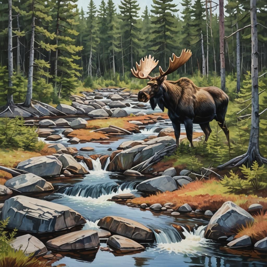 Moose in Newfoundland Pine Barrens, Gouache Watercolor