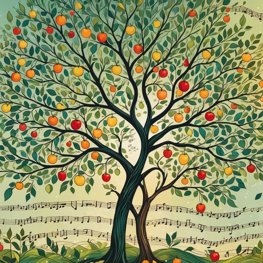 Music  tree, notes hang from branches as fruit, sheet music ...