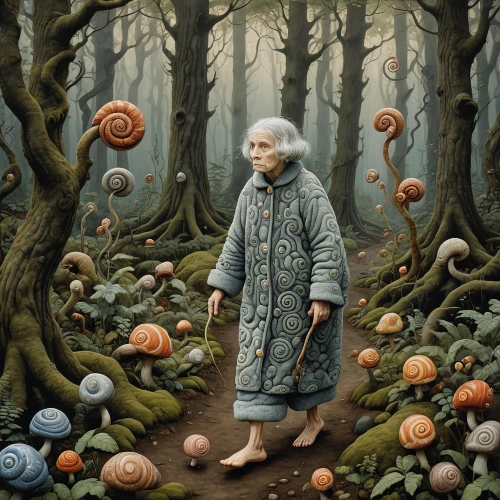 Mystical Forest Scene with Woman and Snails