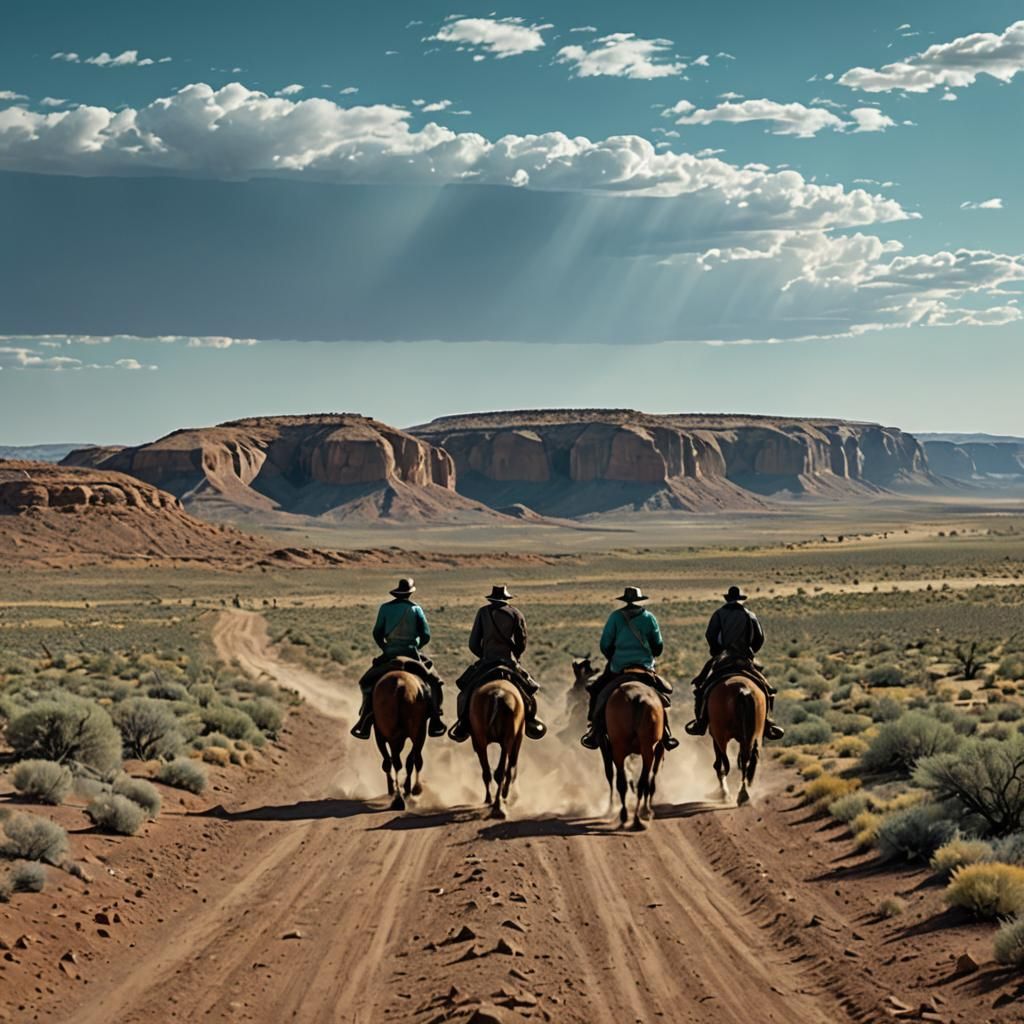 Four Horse Riders Journey Through Desolate Landscape