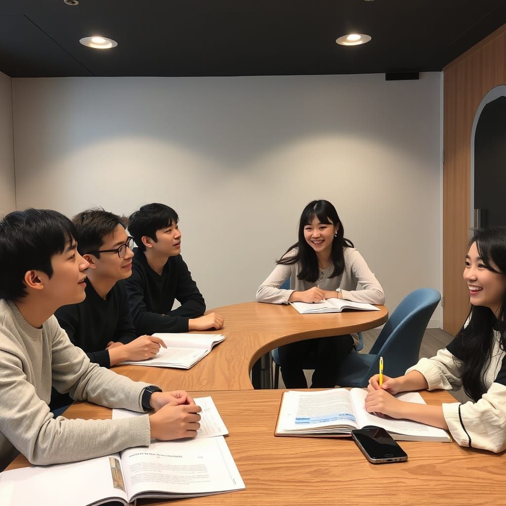 Korean University Students Studying and Laughing Together