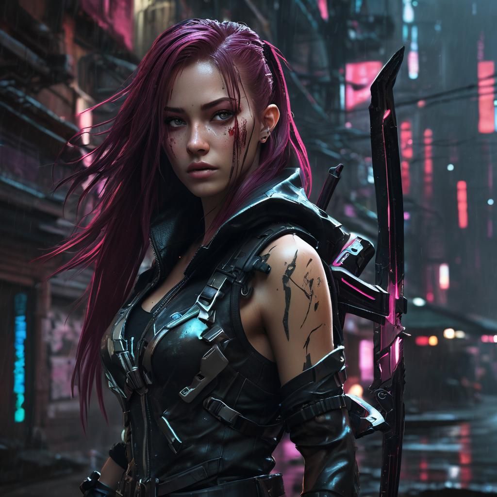 Cyberpunk Katarina in Neon Noir Alleyway