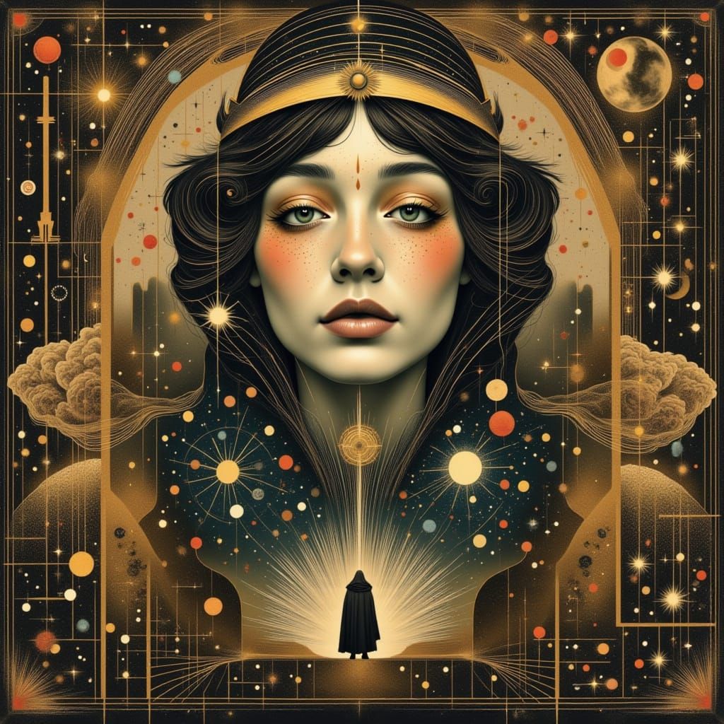 Vintage Cosmic Surreal Collage of Wise Figures