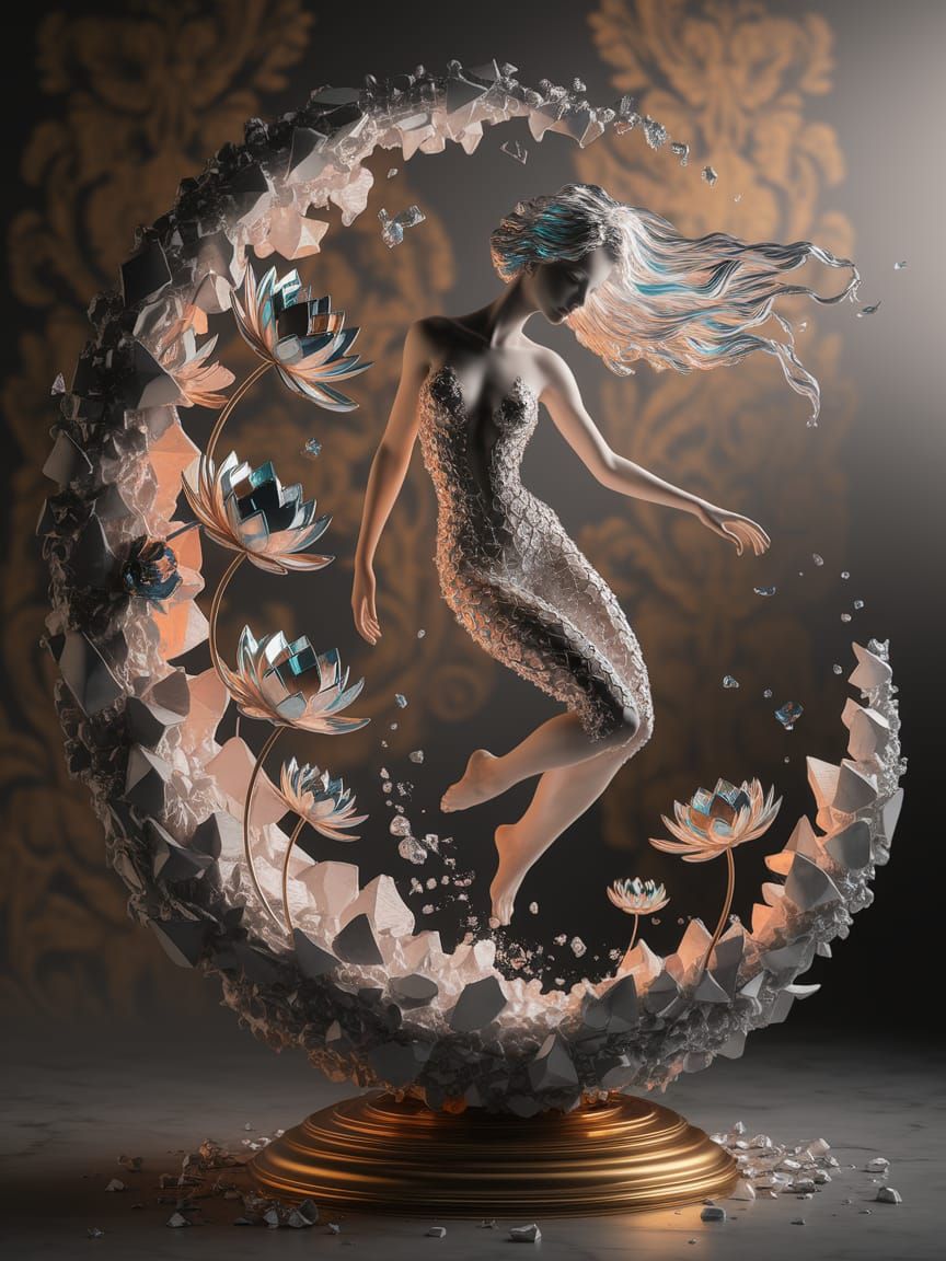 Ethereal Silver Sculpture of Woman in Mercury Hair