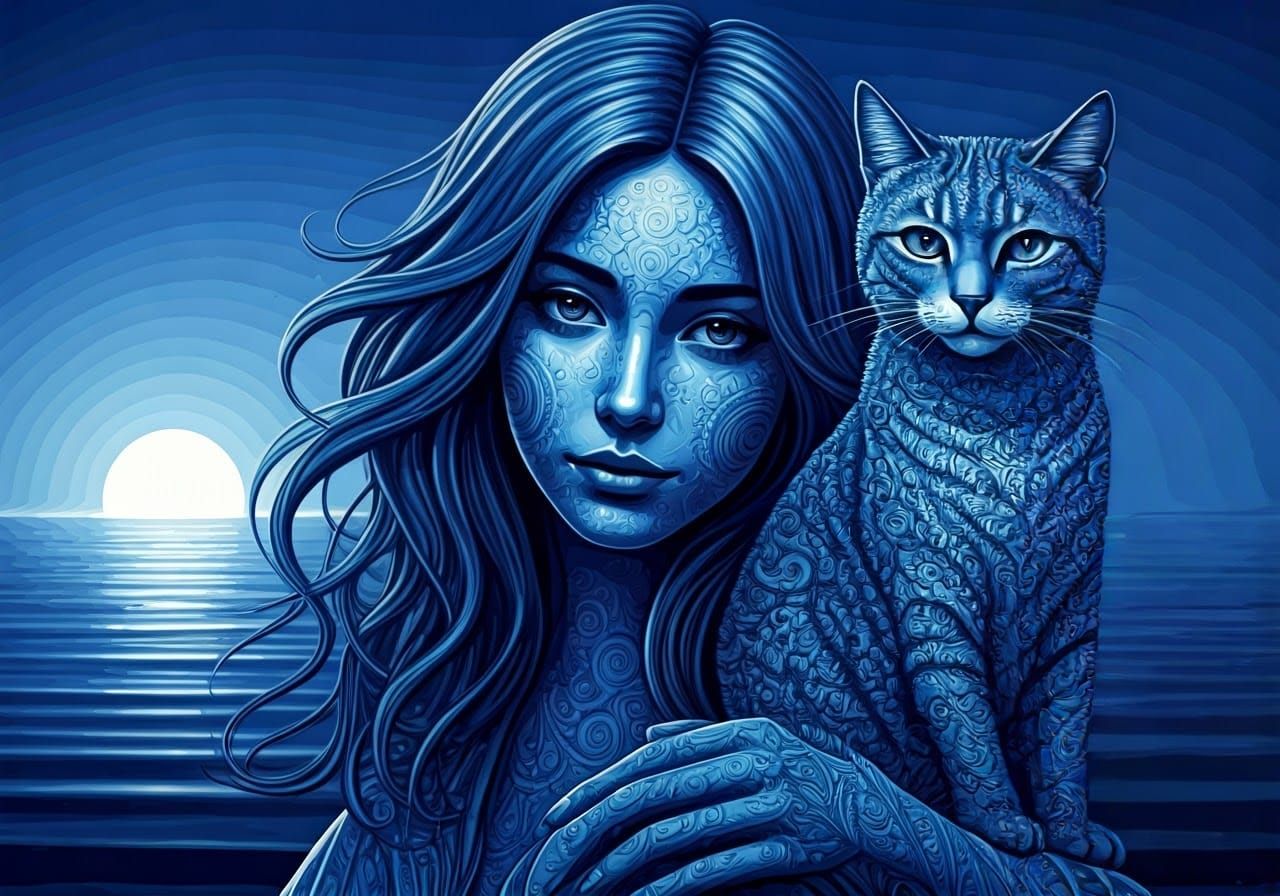 Blue Figures in Sunset: Art Brut Illustration