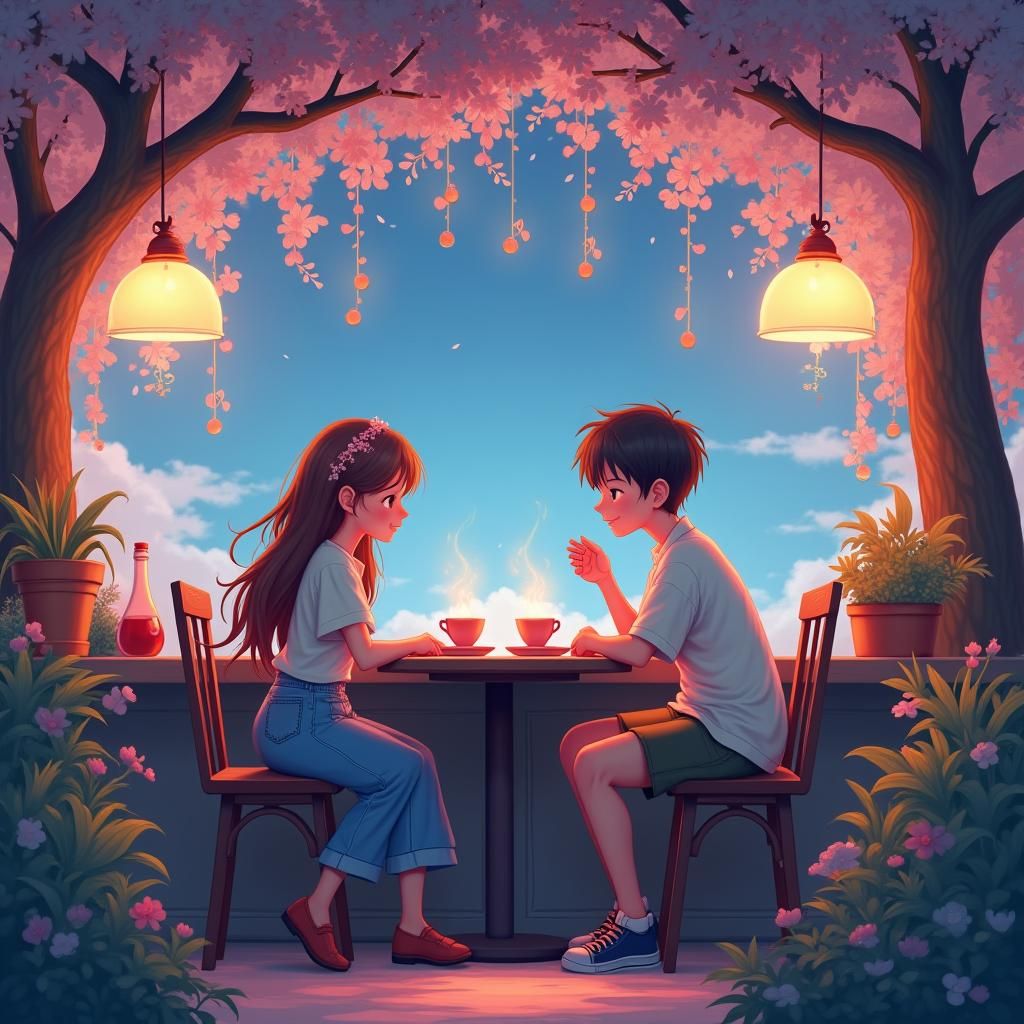 Anime Couple in Enchanted Coffee Shop