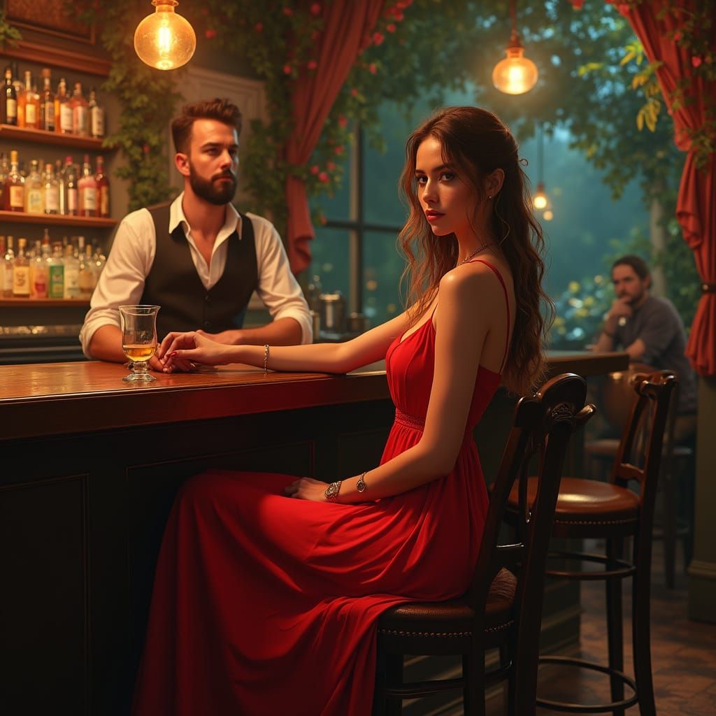 Lady in Red at Fantasy Bar, Golden Lighting