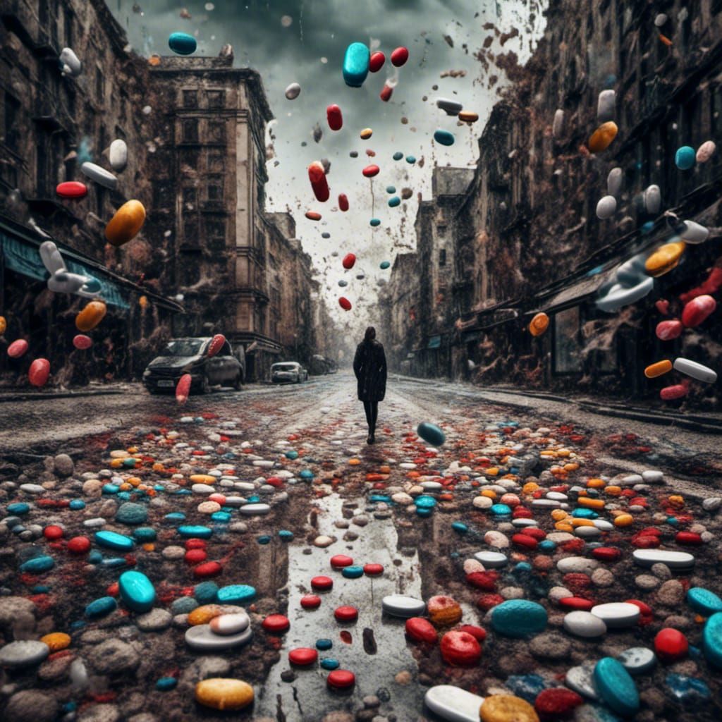Apocalyptic Rain of Pills in Dark Cityscape