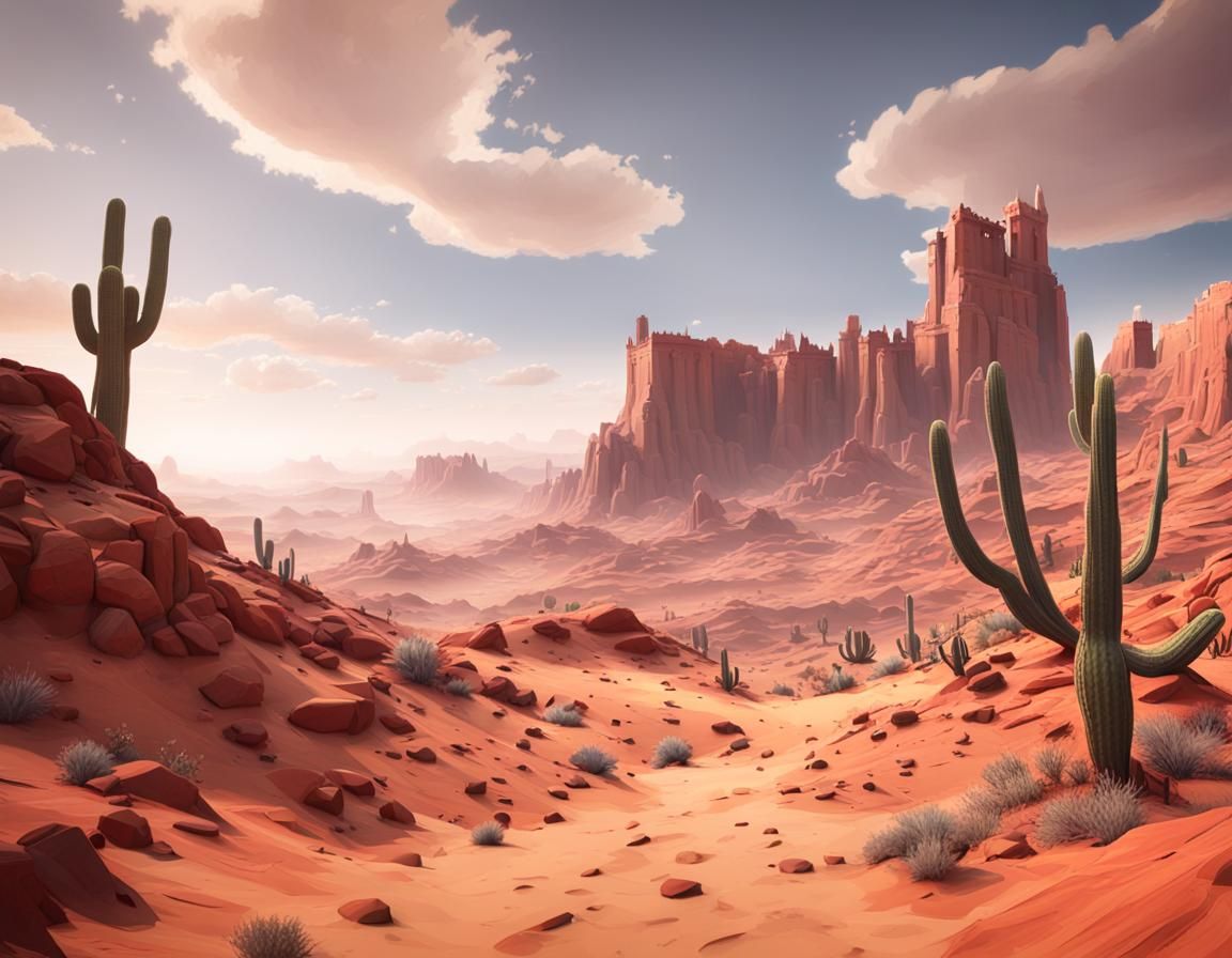 Epic Red Rock Landscape with Medieval Fortress