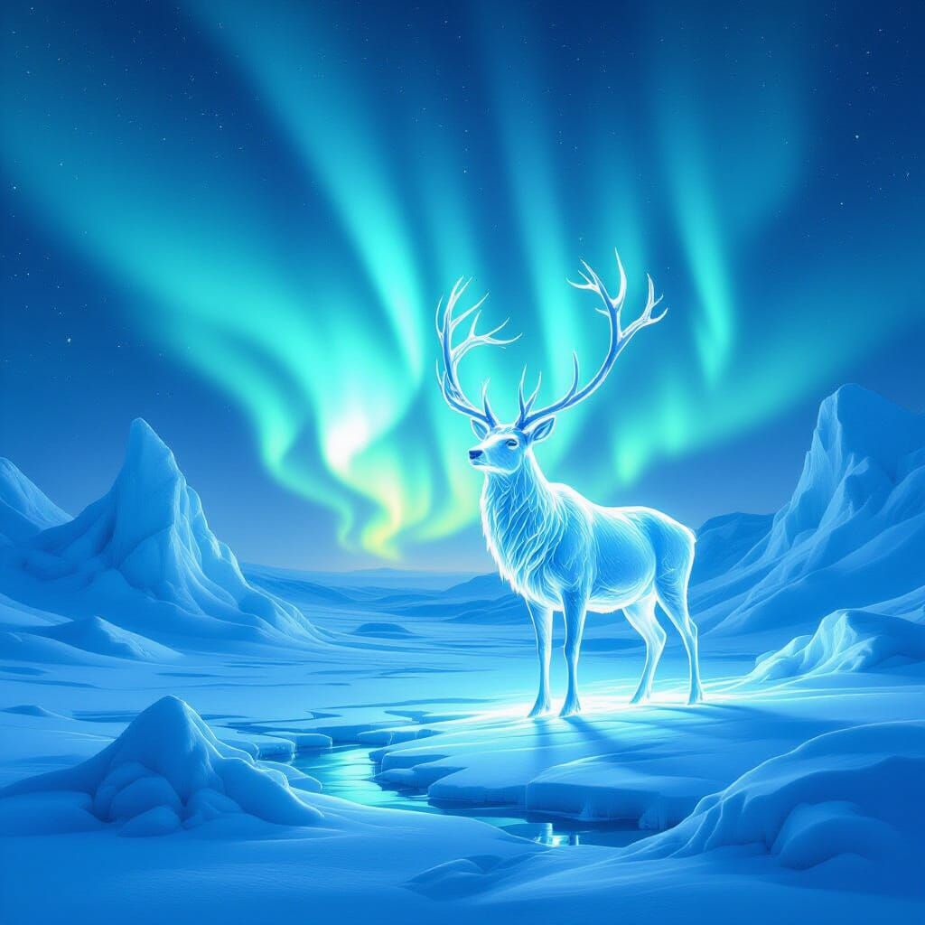 Ethereal Aurora Over Frozen Tundra With Ice Stag