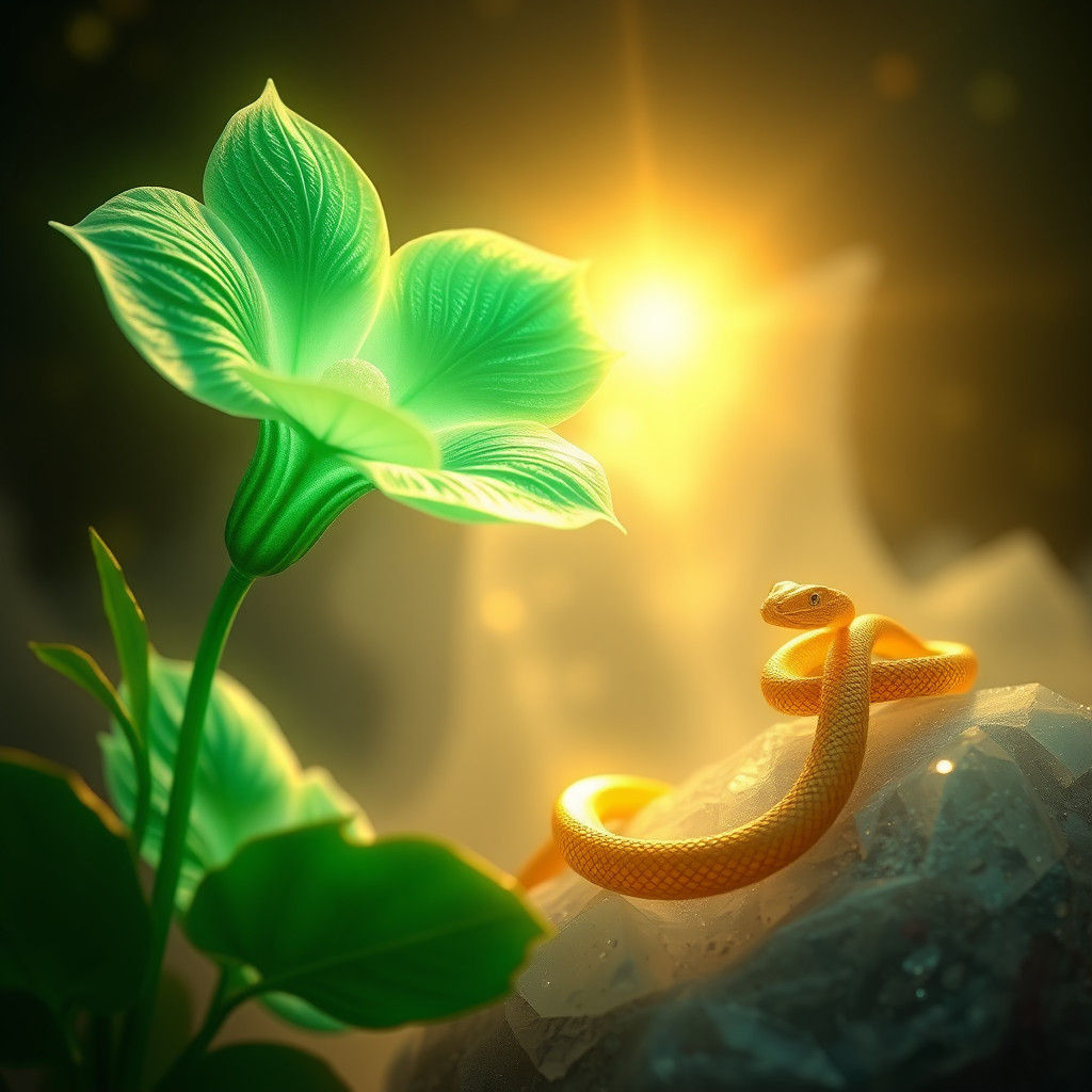 Radiant Malachite Flower and Golden Serpent in Fantasy Scene