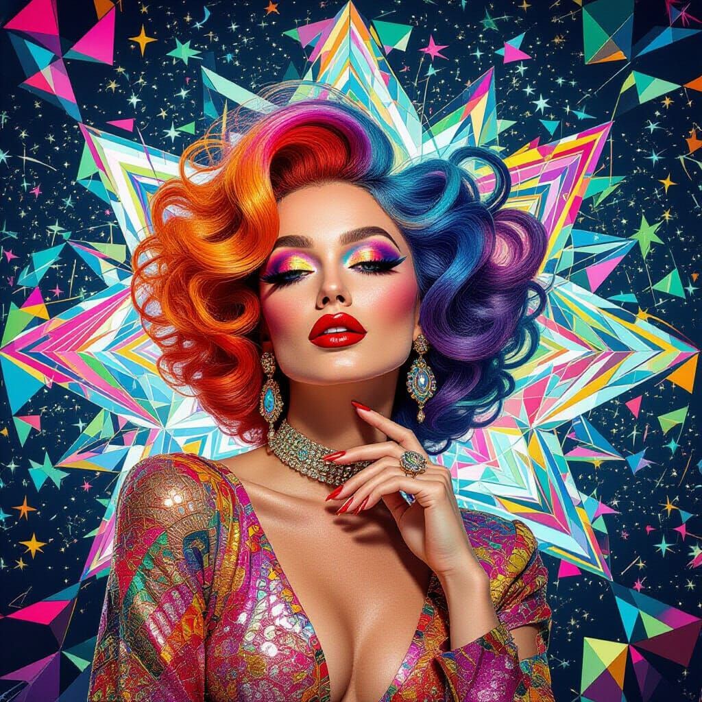 Glamorous Woman in Psychedelic Kaleidoscopic Void