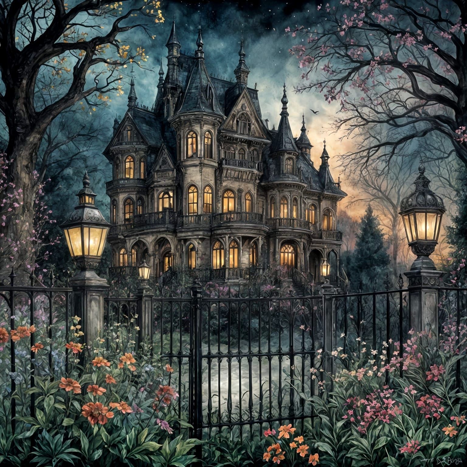 Gothic Mansion Under Stormy Sky as Watercolor