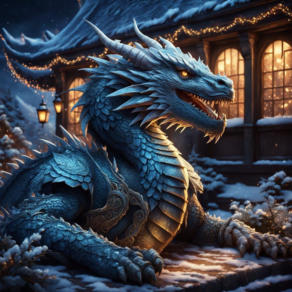 Giant Silver Dragon Guards Cozy Home with Magical Christmas ...