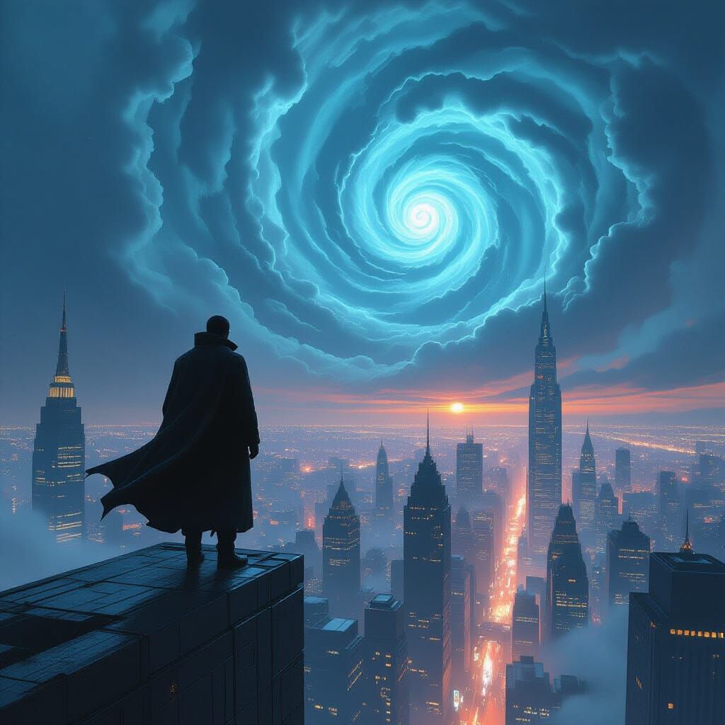 Warped Cityscape with Figure in Dark Fantasy Style