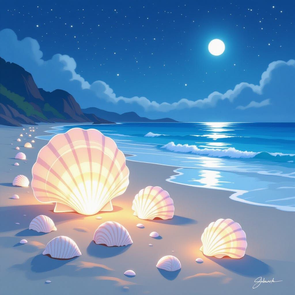 Bioluminescent Seashells on Starry Beach: Watercolor Style
