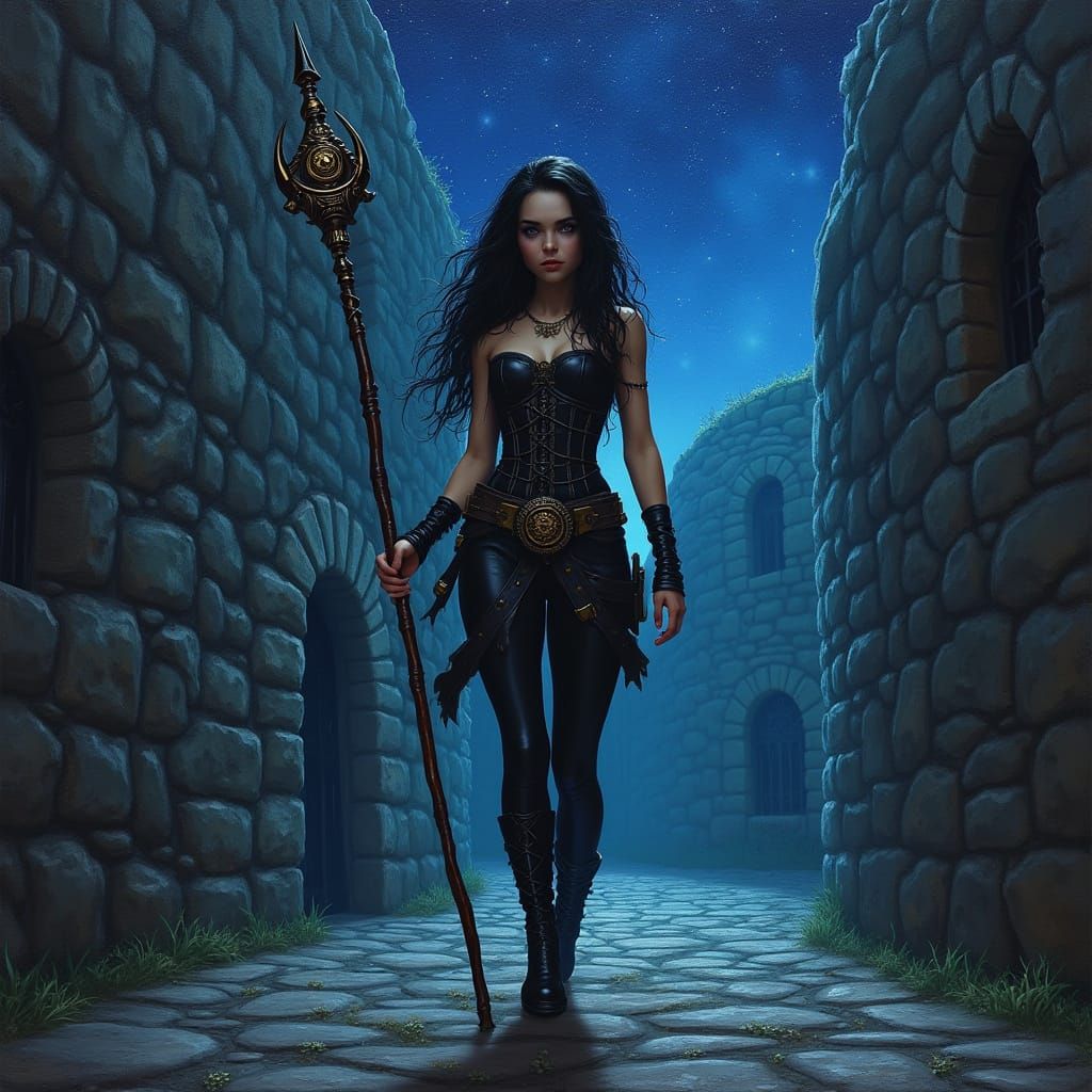 Mystical Halfling Mage in Dark Starry Night