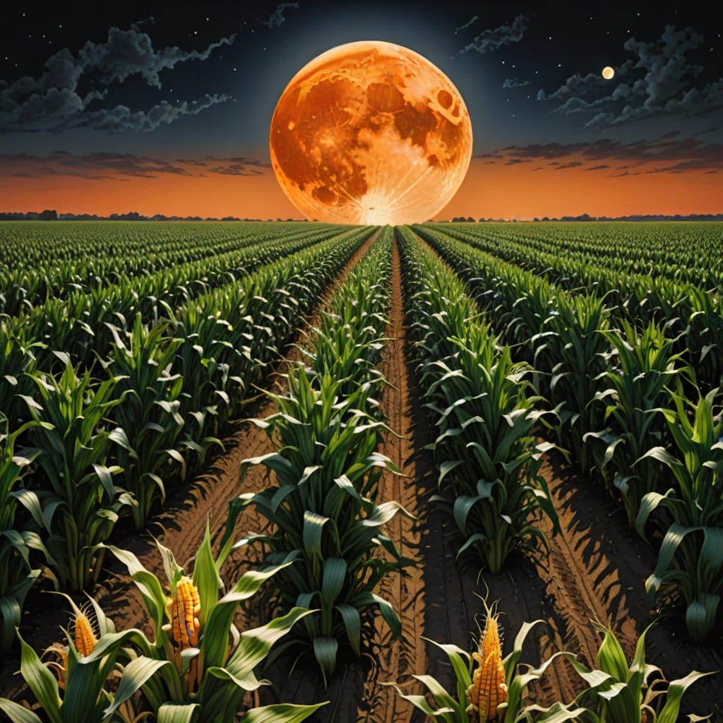 Hyperrealistic Orange Moon Over Maximalist Corn Field