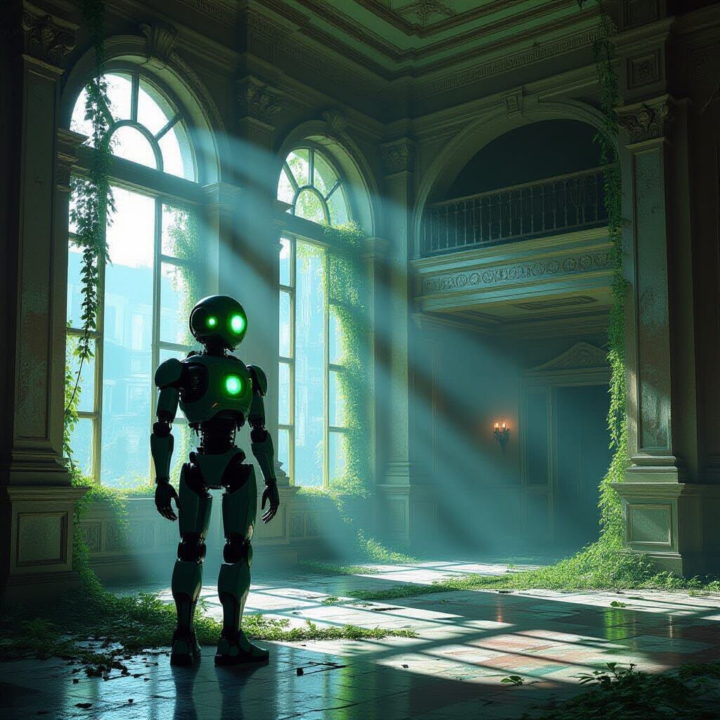 Weathered Android in Ruined Hotel Lobby