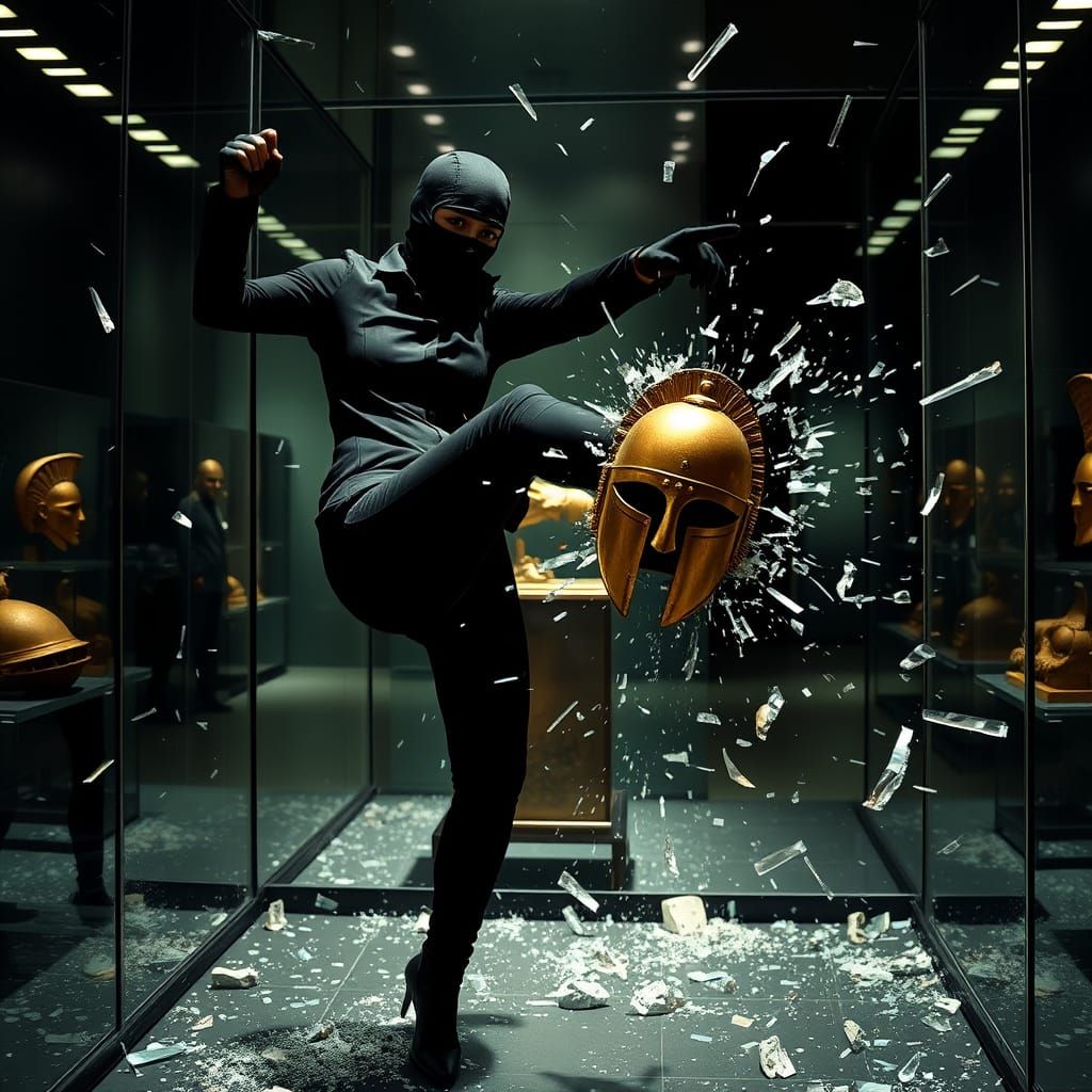 Sleek Thief Shatters Museum Display Case for Golden Helmet