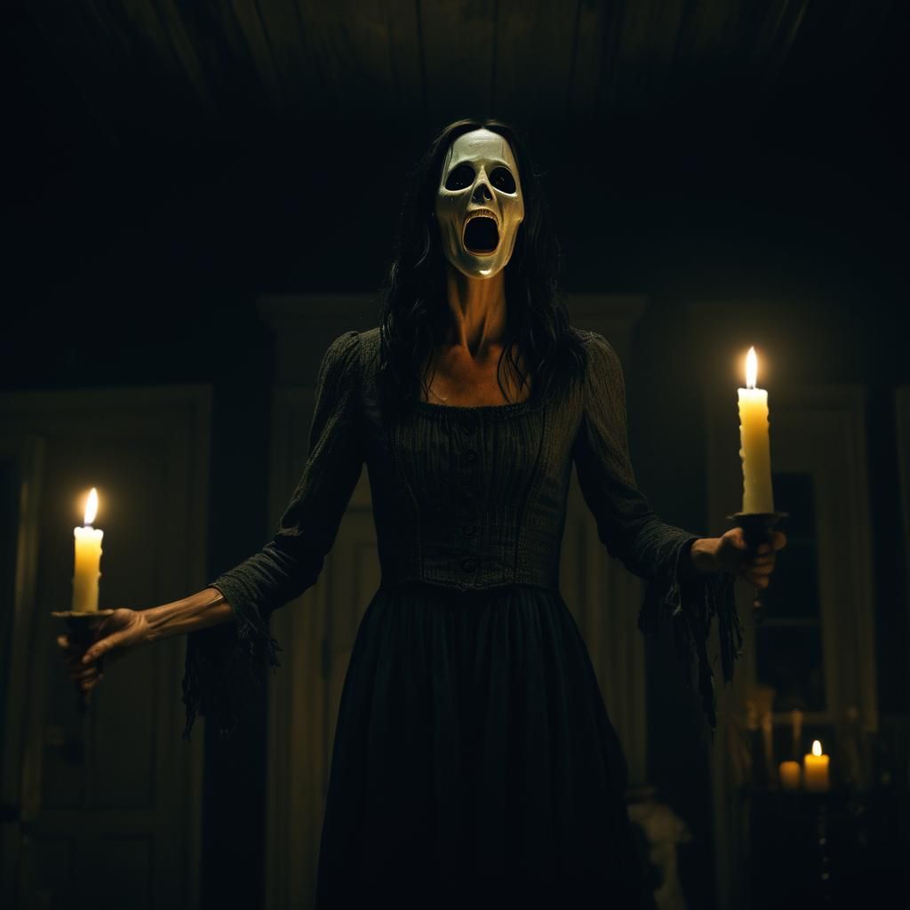 Creepy Scream Masked Figure in Gothic Horror Scene