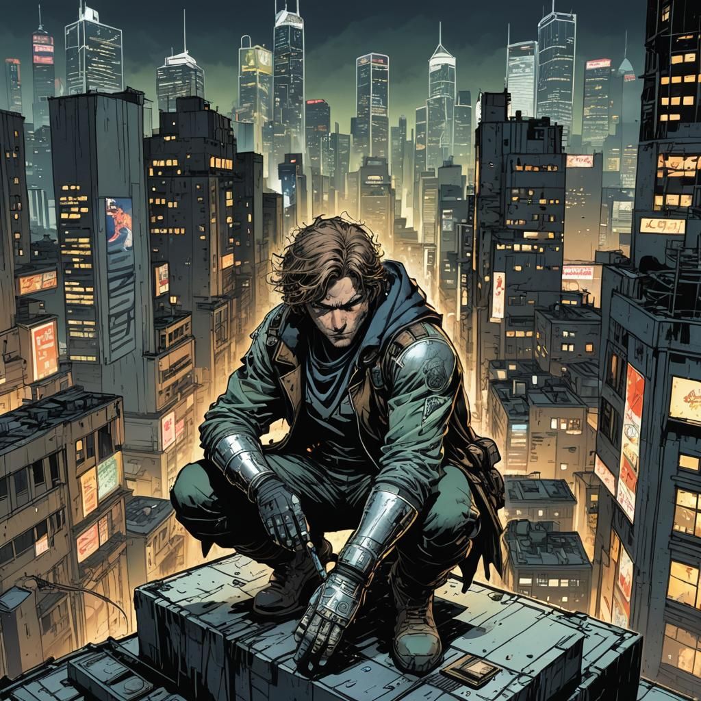 Gritty Anti-Hero on Dystopian Rooftop, Comic Book Art