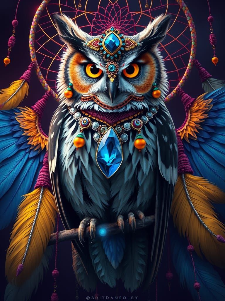 A mesmerizing, high-definition cinematic illustration of a majestic owl perched on a dreamcatcher, decorated with vibran...