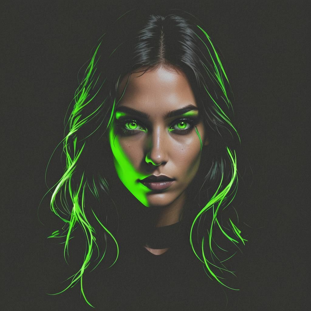 Neon Green Portrait Against Black Background