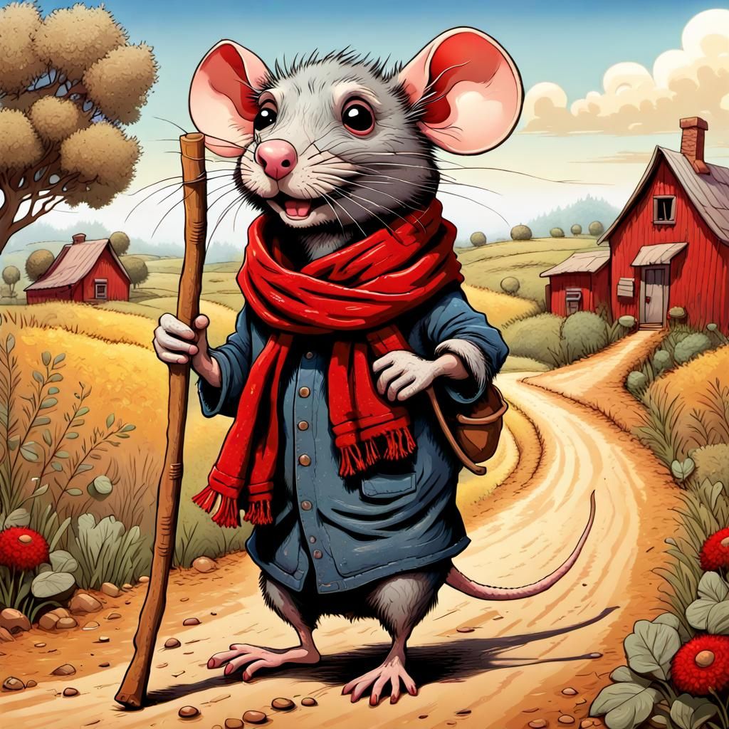Cartoon Rat Hobo Walking Down a Dirt Road