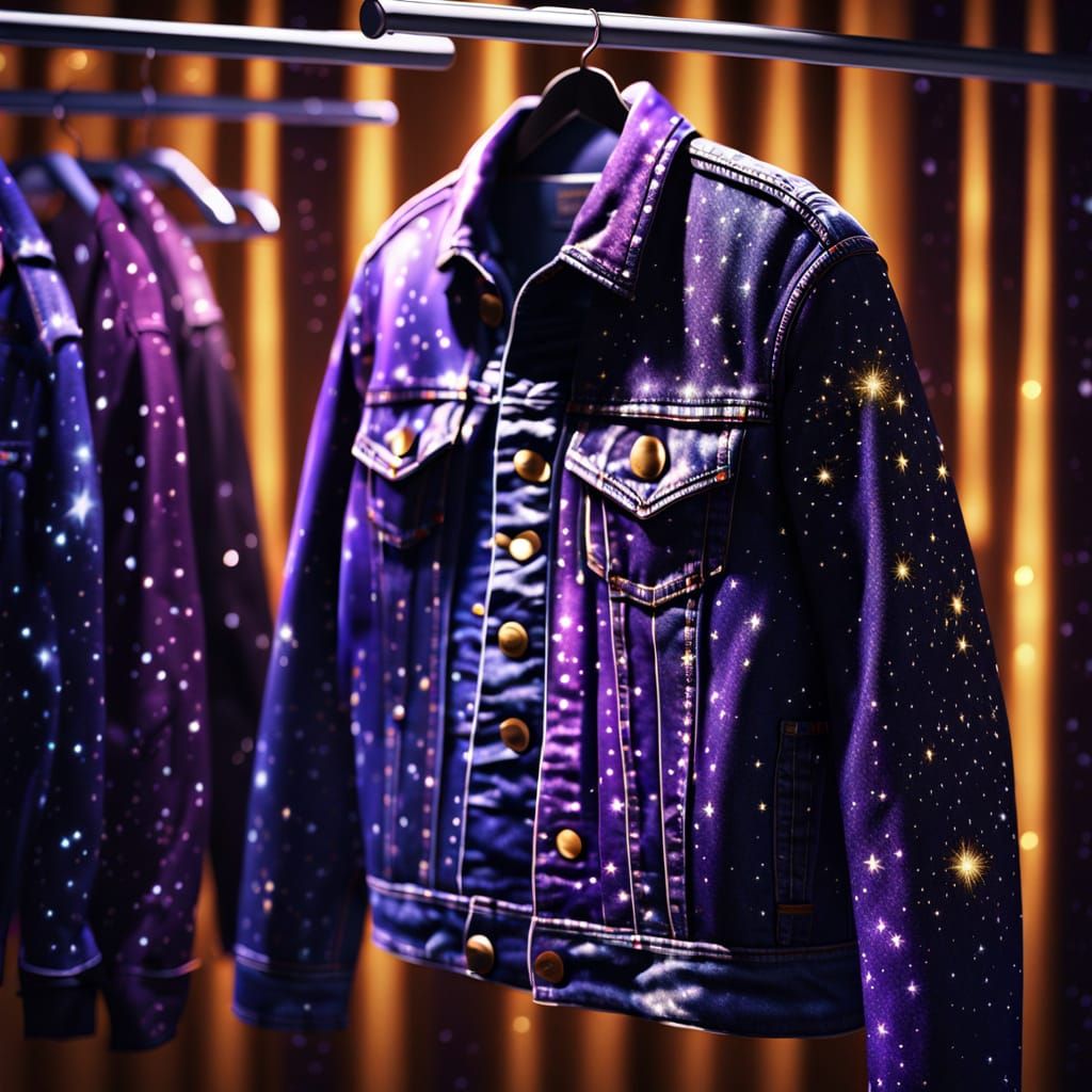 Hyper-Realistic Trucker Jacket with Night Sky Pattern in Sof...
