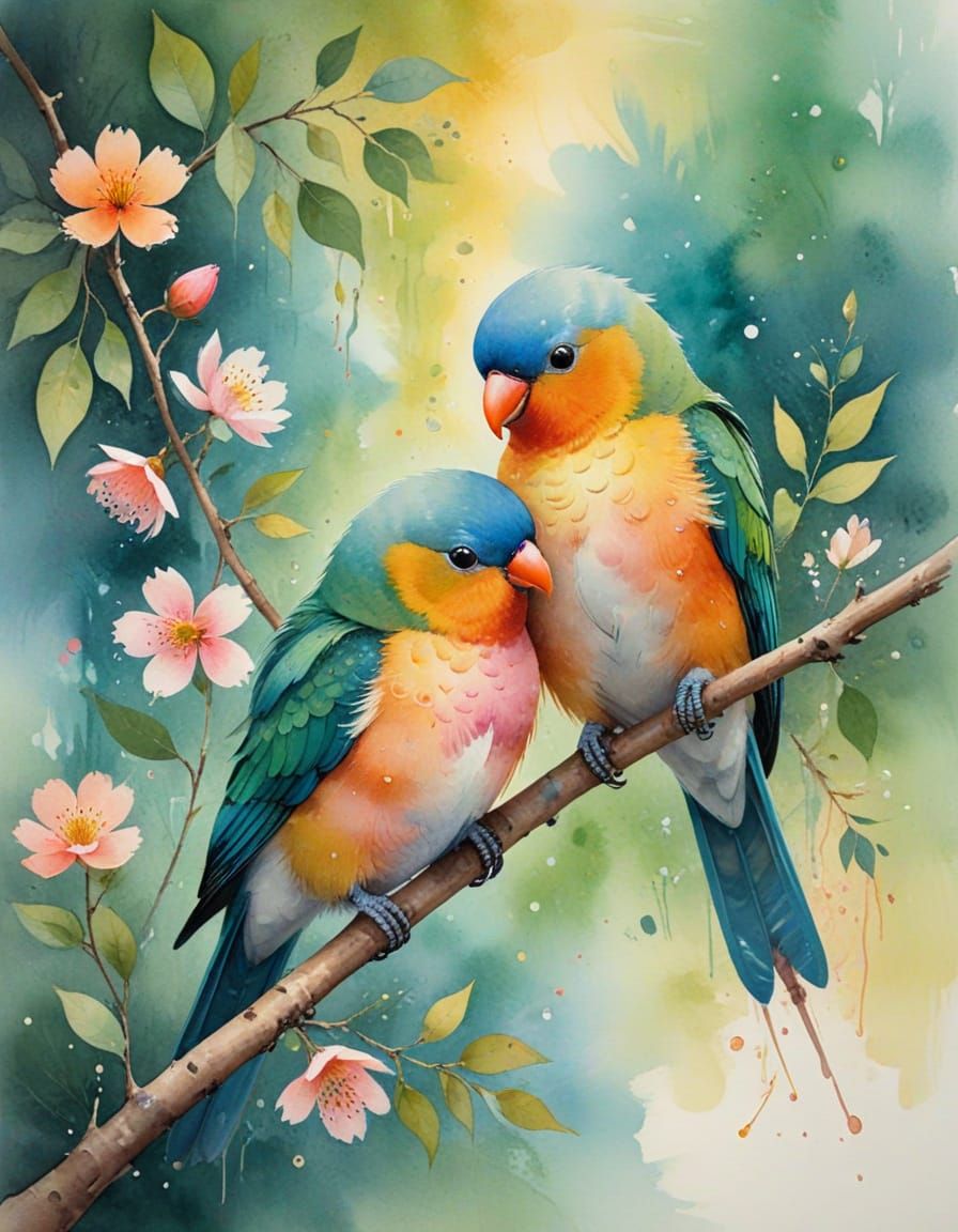 Affectionate Lovebirds on Branch in Watercolor Style