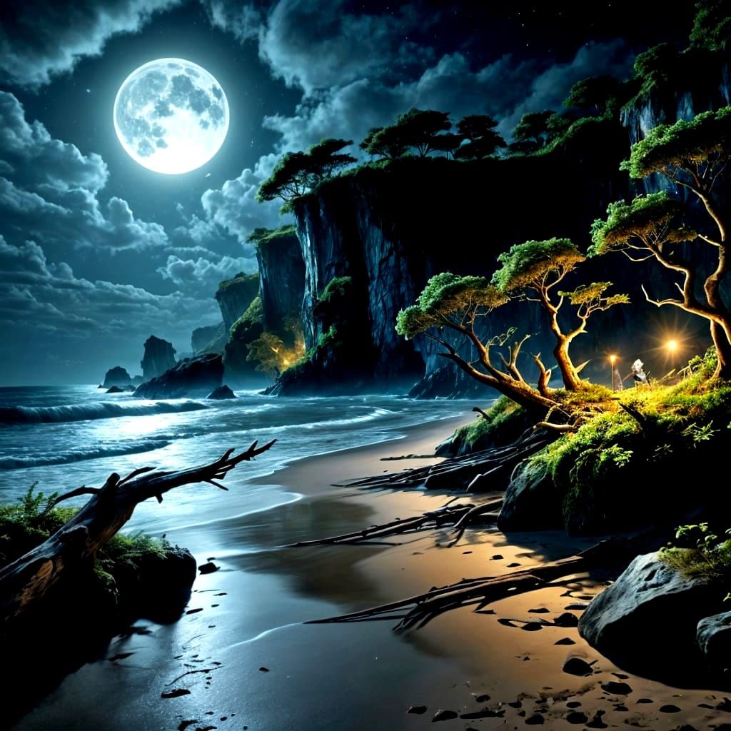 Moonlit Beach with Mossy Driftwood at Night