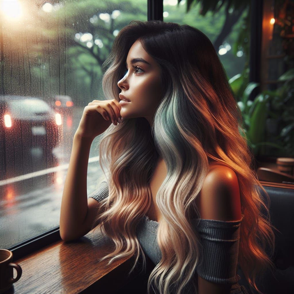 Cafe Scene: Woman with Ombré Hair on Rainy Day