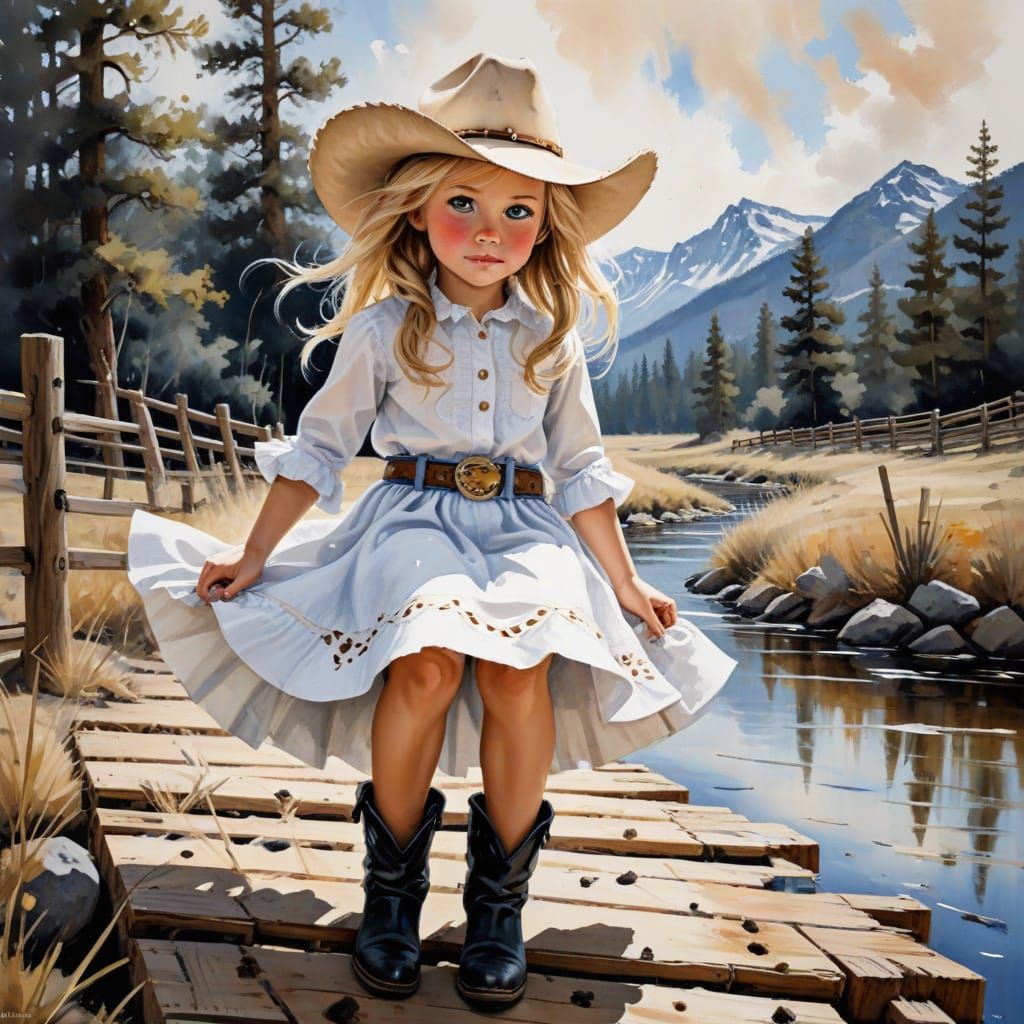 Girl in White Cowgirl Dress with Blonde Hair and Calf