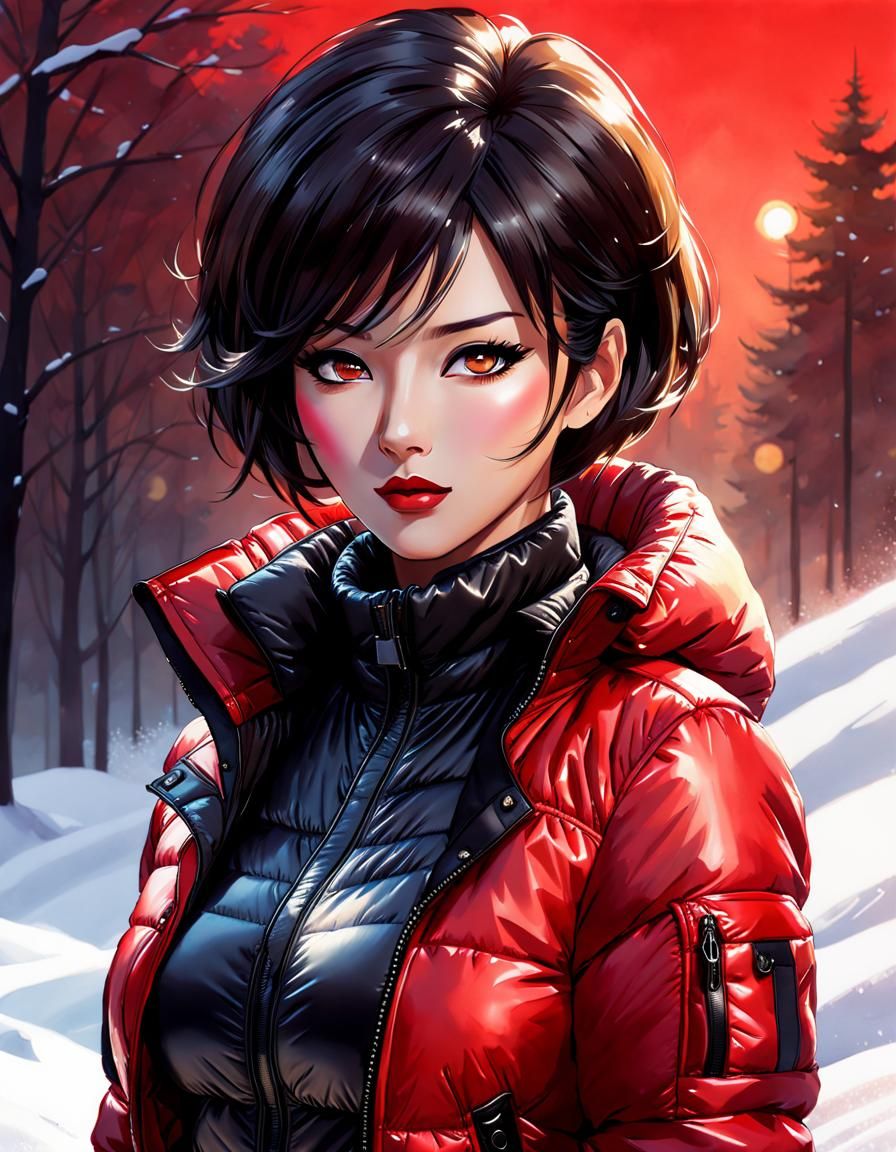 Glamorous Anime Woman in Bright Red Jacket with Bold Facial....