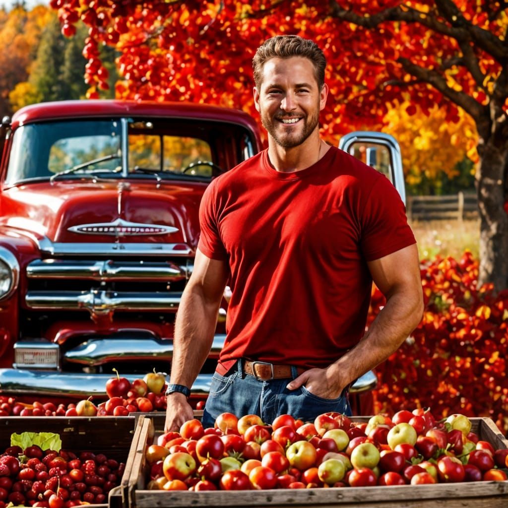 Handsome Farmer Selling Red Fruit in Autumn