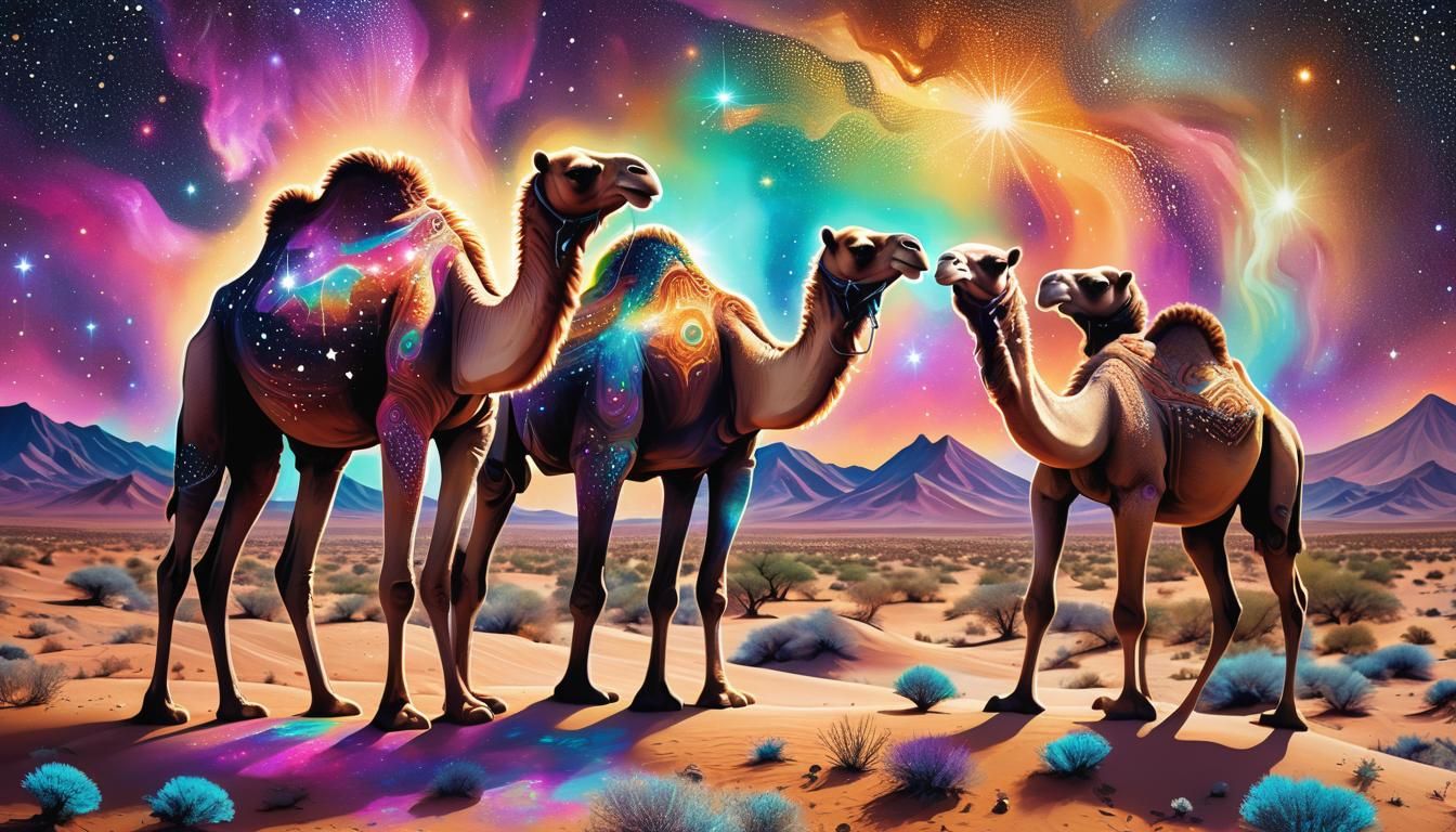 Psychedelic Camels in Cosmic Desert Landscape